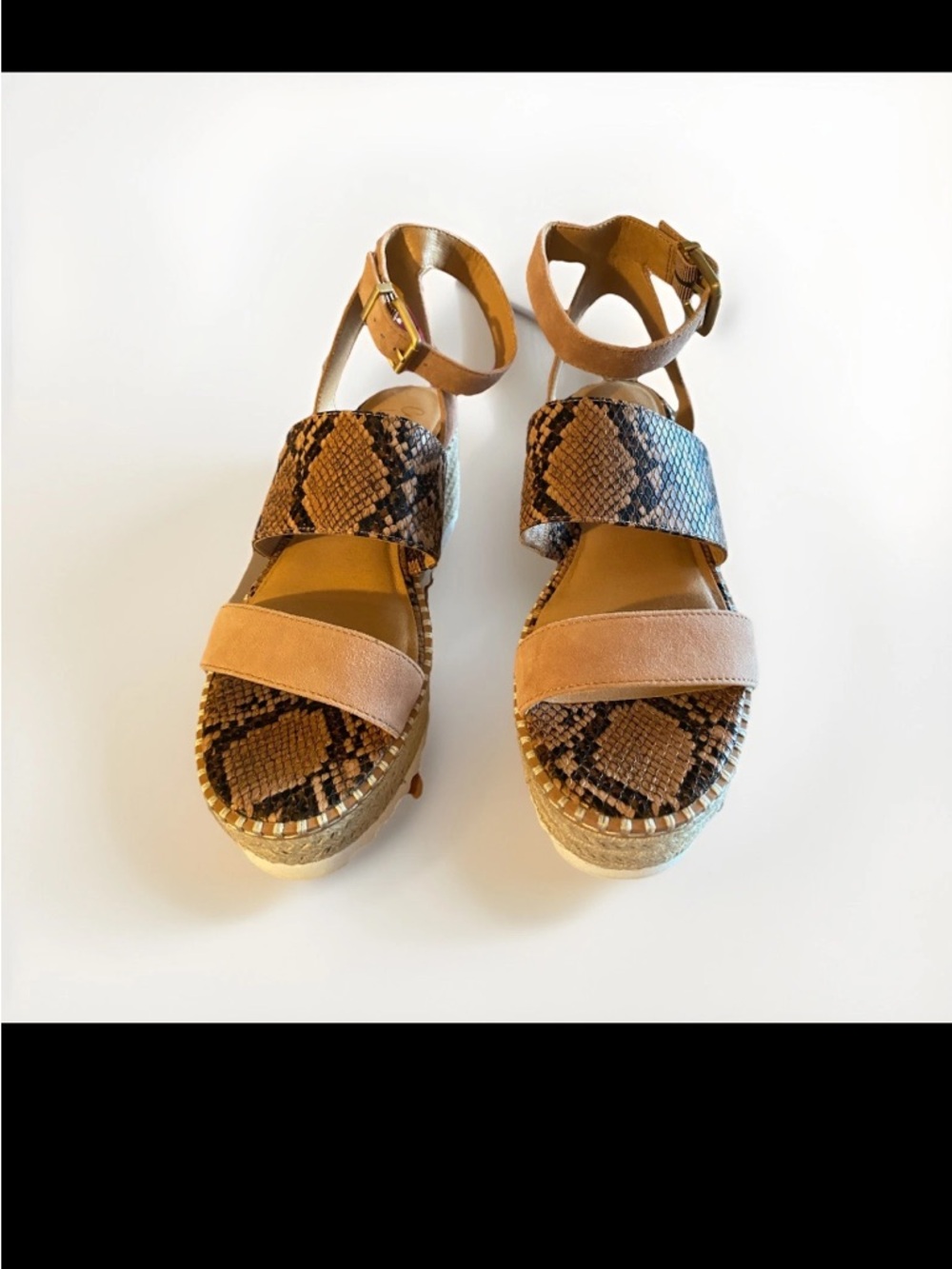 Crown Vintage Tan Leather Snake-Print Espadrille Platform Sandals EUC